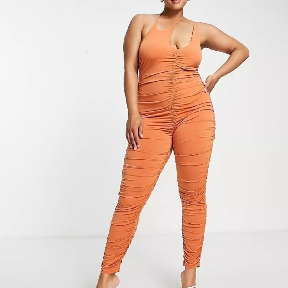 SIMMI London Women's Strappy Ruched Detail Jumpsuit Orange/Tan Plus Size US 16
